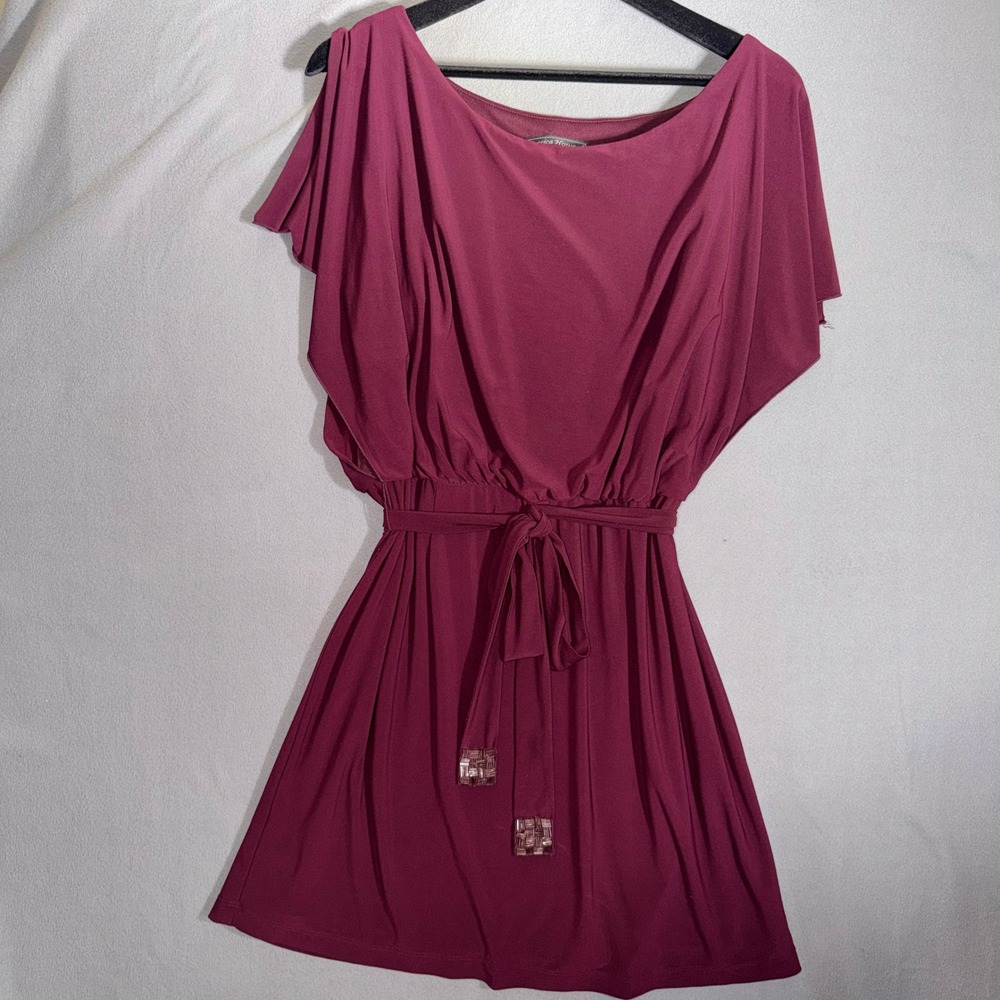 Jessica Howard 10 Burgundy Wine Boat Neck Belted Beaded Cocktail Party Dress